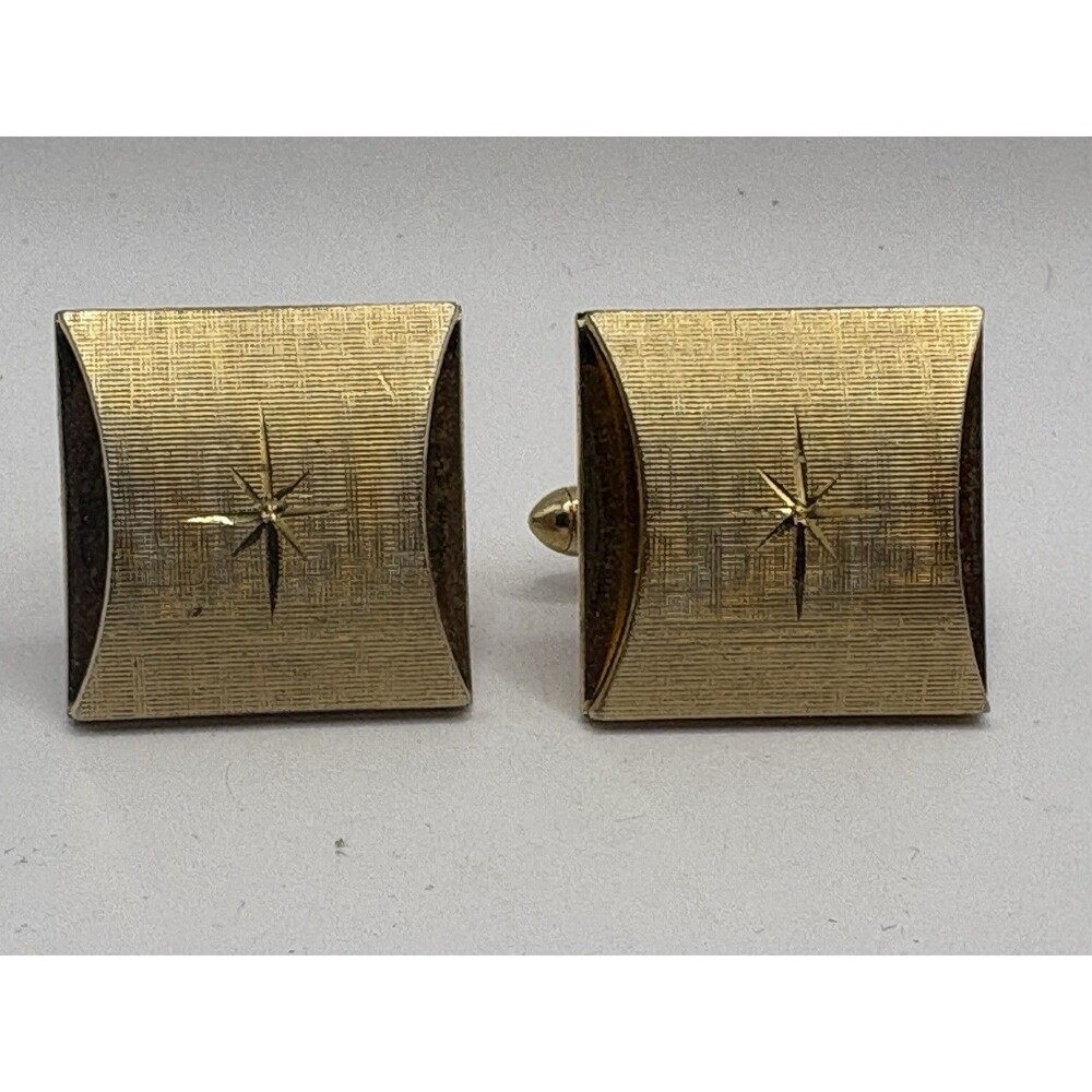 Vintage Gold Tone Square Cufflinks Starburst Design Mid Century Retro